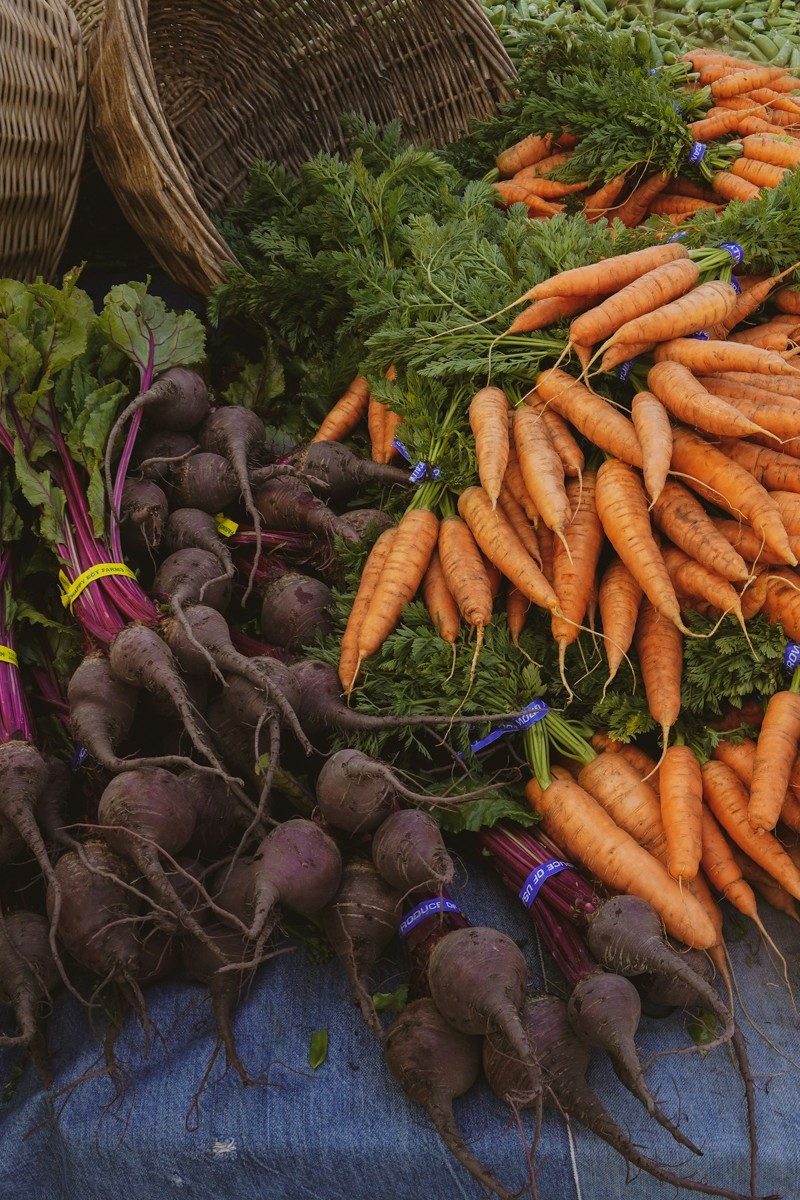 Bottes de carottes orange posées sur un étal
