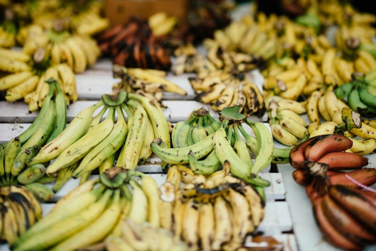 Étal de marché couvert de mains de bananes jaunes et rouges